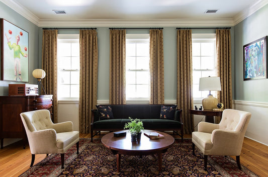 Patterned beige curtains