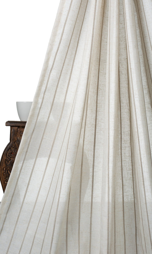 Striped Sheer Linen Blend Home Décor Fabric By the Metre (Cream/ Brown)