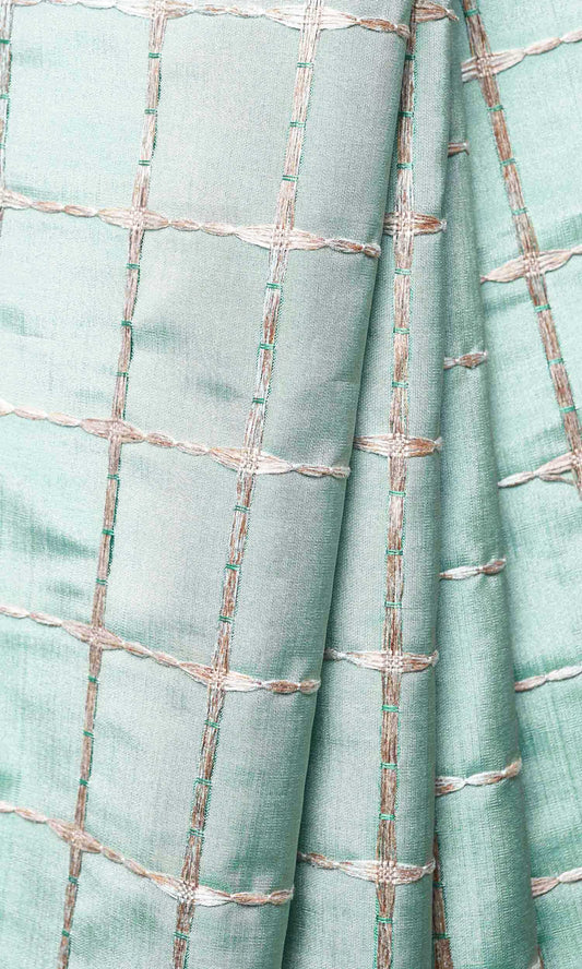 Embroidered Check Curtains (Blue and Gold)