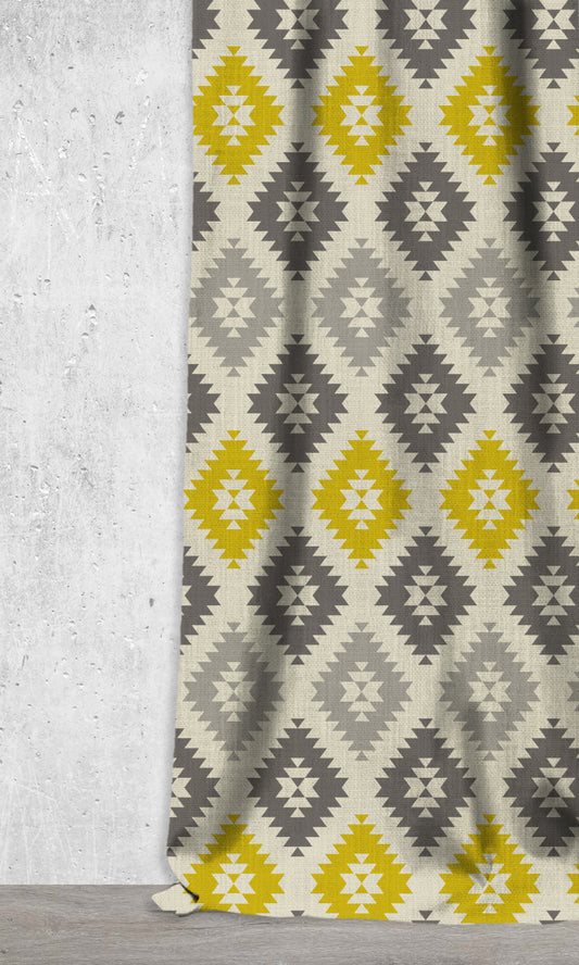 Geometric Print Window Curtains (Yellow/ Grey)