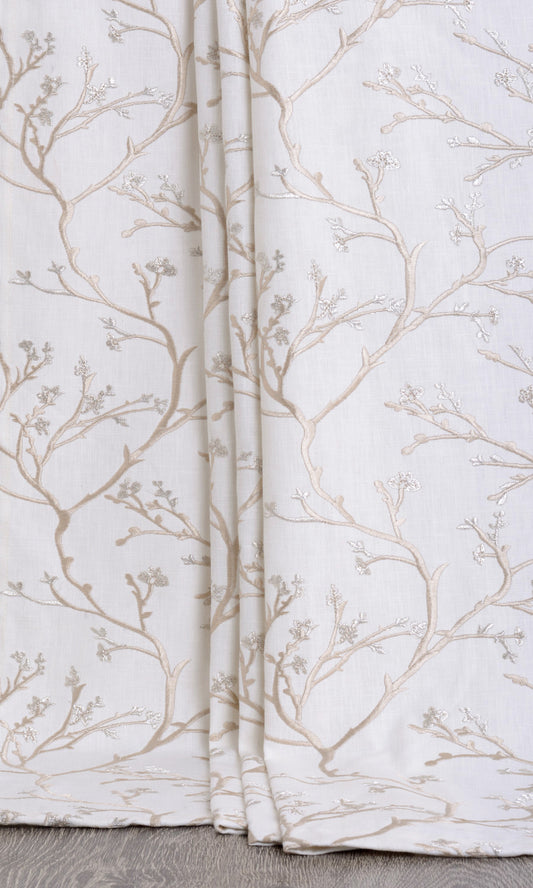 Floral Vine Print Embroidery Drapes (White/ Beige)