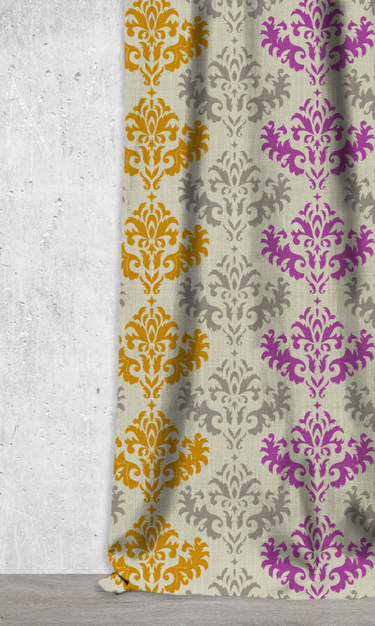 Damask Printed Window Home Décor Fabric Sample (Pink/ Yellow/ Grey)