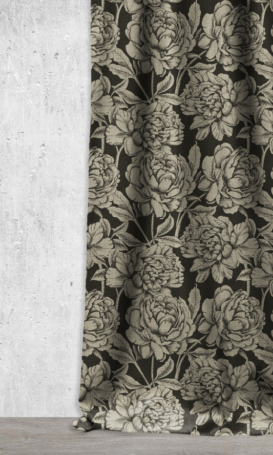 Floral Print Curtains/ Drapes (Black/ Stone Grey)