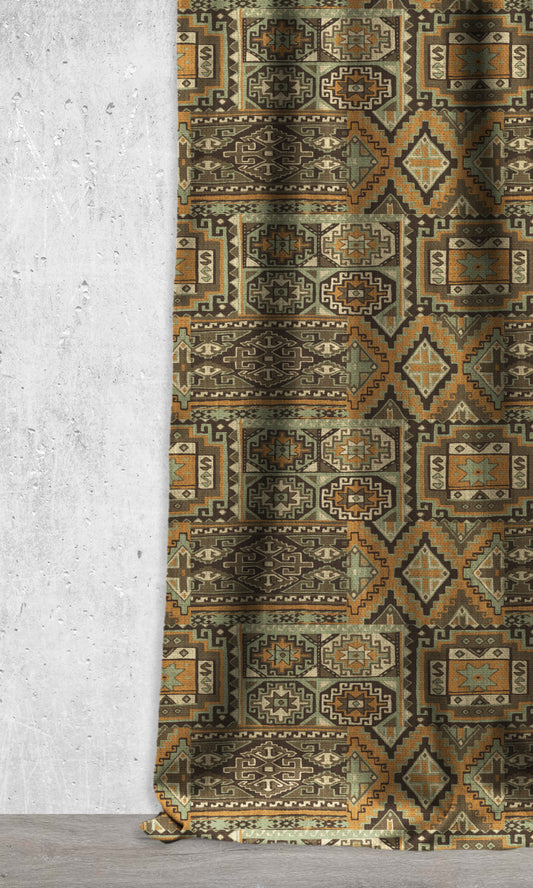 Custom Kilim Home Décor Fabric Sample (Green/ Coffee Brown/ Gold)