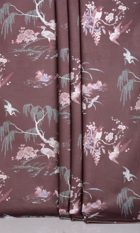 Chinoiserie Toile Velvet Drapes (Burgundy Red)