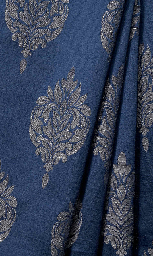 Self-Patterned Damask Curtain Panels (Navy Blue)