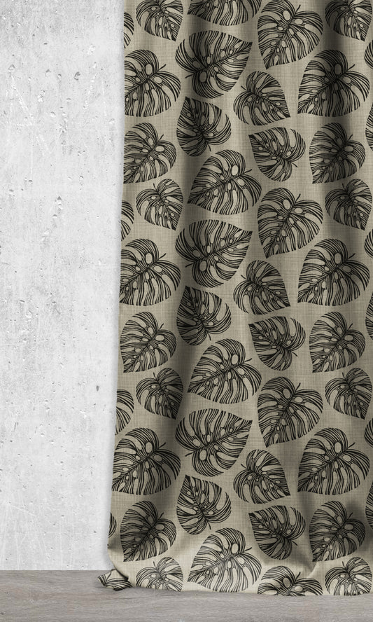 Botanical Print Curtains/ Drapes (Black/ Stone Grey)