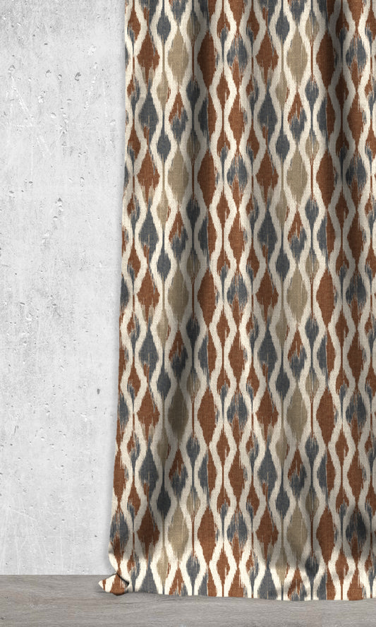 Ogee Patterned Ikat Curtains (Orange/ Petrol Blue)