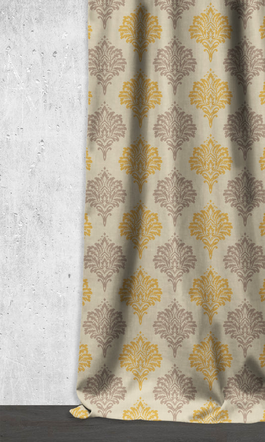 Damask Patterned Dimout Home Décor Fabric By the Metre (Yellow/ Grey)