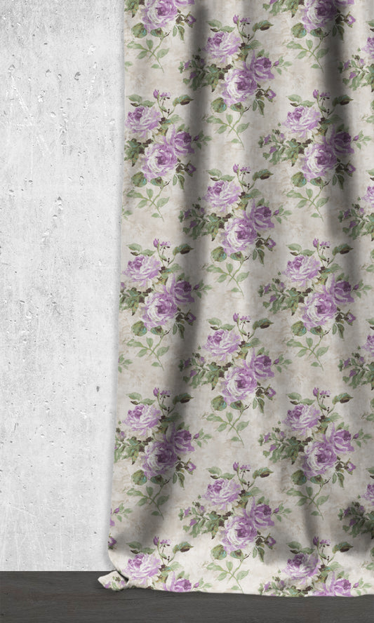 Dimout Floral Home Décor Fabric By the Metre (Purple/ Ivory/ Grey)