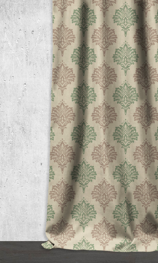 Damask Patterned Dimout Home Décor Fabric By the Metre (Green/ Grey)