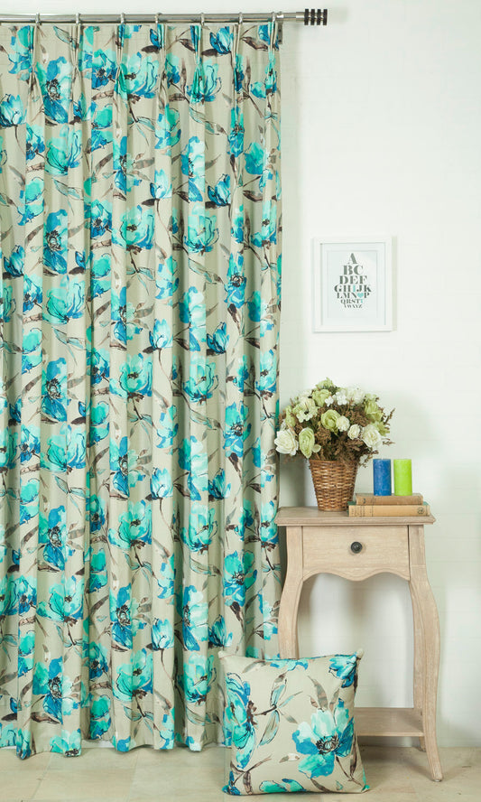 Custom Window Curtain Panels (Blue/ Beige)