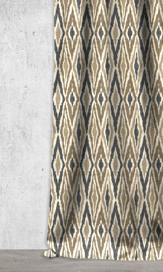 Diamond Patterned Ikat Drapery (Blue/ Beige/ Brown)