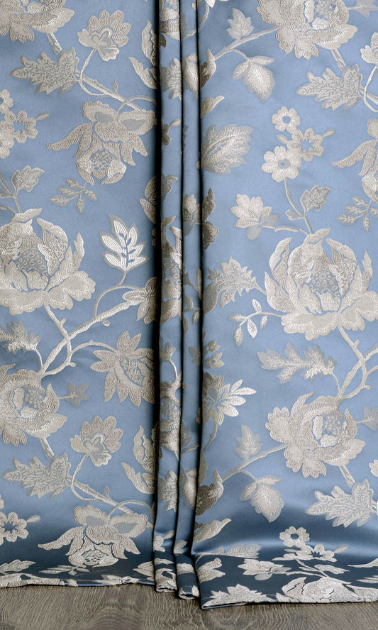 Floral Faux Silk Drapes (Indigo Blue/ Greige)