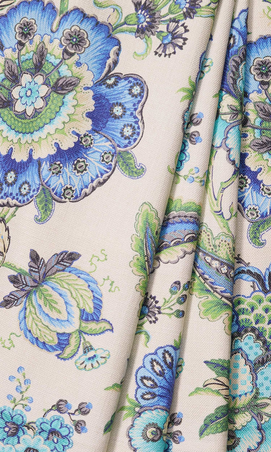 Floral Cotton Drapes (Turquoise/ Ultramarine Blue)