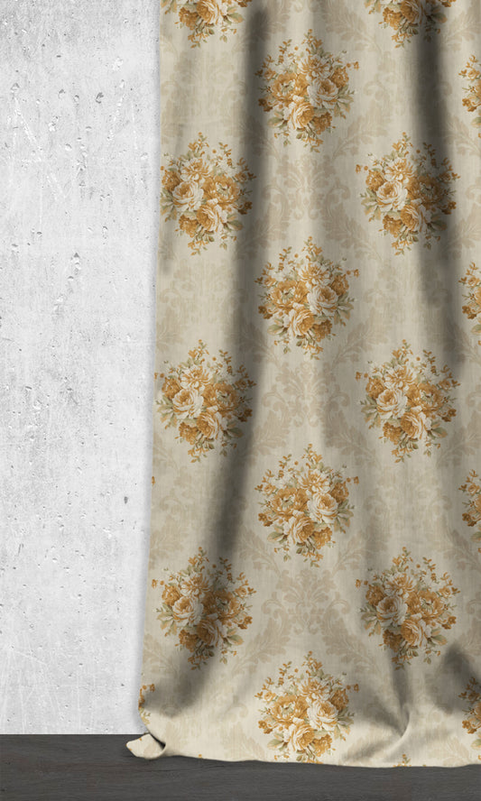 Dimout Floral Home Décor Fabric By the Metre (Mustard Yellow/ Ivory)