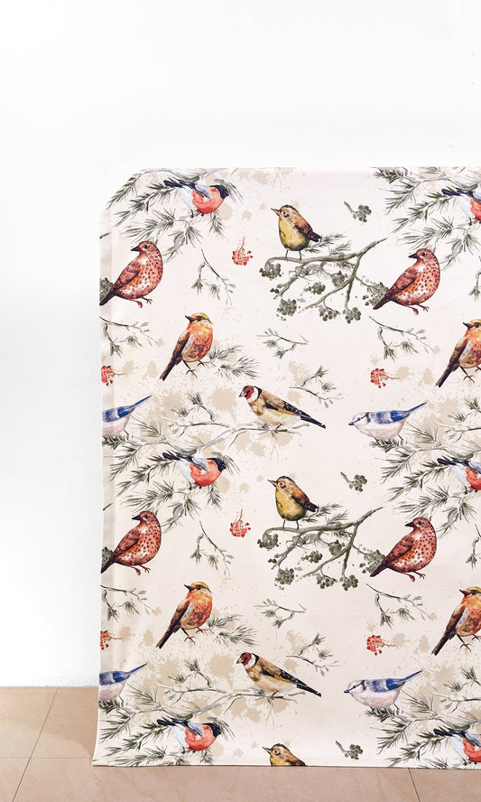 Bird-Print Cotton Drapes (Red/ Gray/ Blue/ Beige)