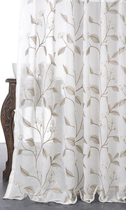 Floral Sheer Drapery (White/ Brown)