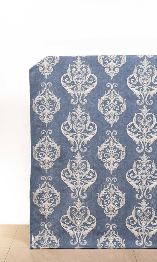 Damask Poly-Cotton Curtains (Blue/ White)