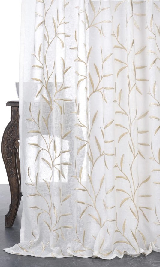 Sheer Floral Embroidered Home Décor Fabric By the Metre (White/ Beige)