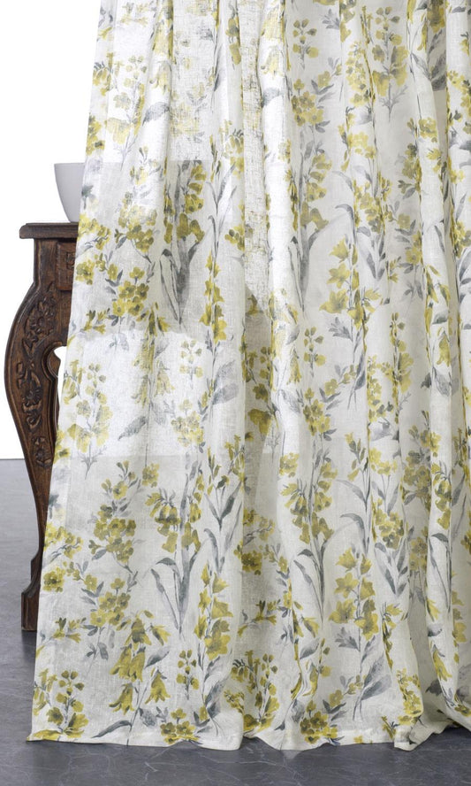 Sheer Floral Print Window Drapes (Yellow/ Gray)