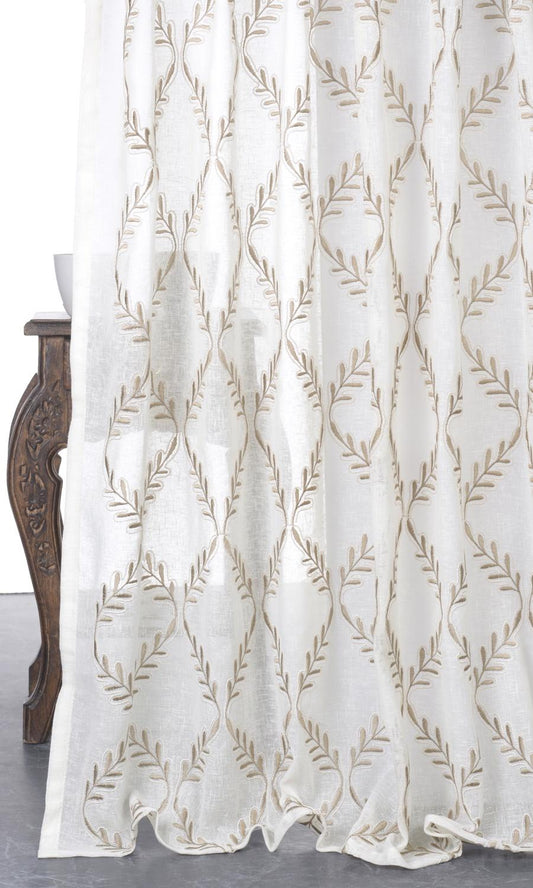 Sheer Floral Embroidered Home Décor Fabric Sample (White/ Brown)