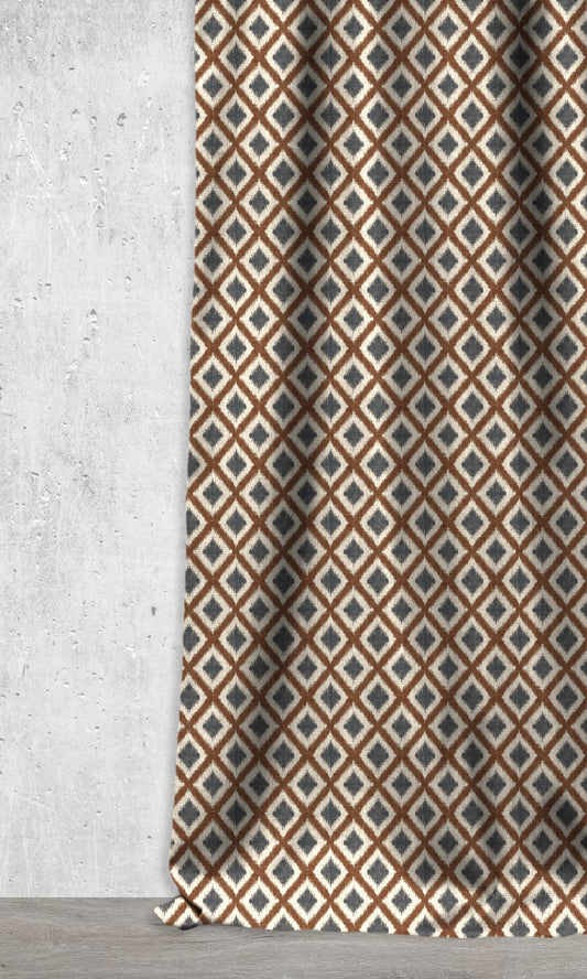 Diamond Patterned Ikat Home Décor Fabric By the Metre (Orange/ Petrol Blue)