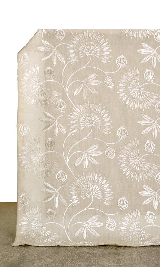 Floral Semi Sheer Drapes (Wheat Beige/ White)