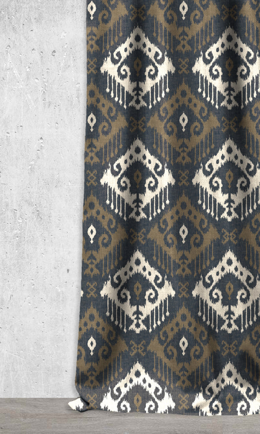 Ikat Print Home Décor Fabric By the Metre (Navy Blue/ Brown/ White)