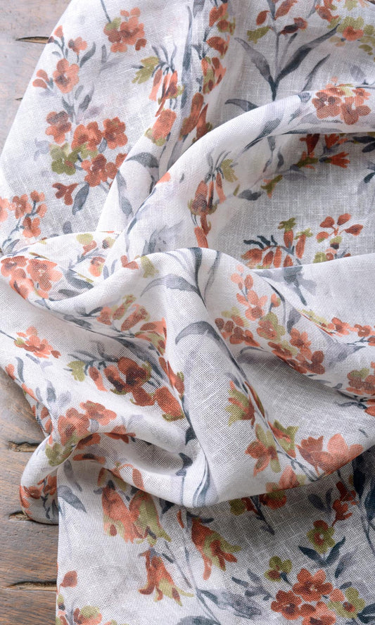 Floral Print Sheer Home Décor Fabric Sample (White/ Orange)