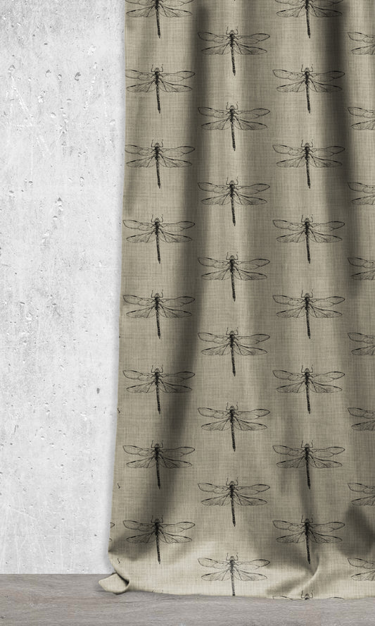 Dragonfly Print Curtains (Black/ Stone Grey)