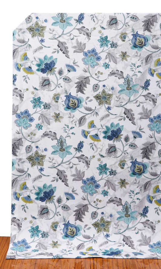 Floral Cotton Curtains/ Drapes (Grey/ Blue)