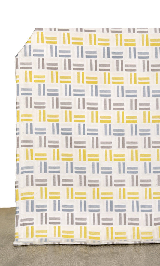 Woven Geometric Home Décor Fabric By the Metre (Yellow/ Steel Blue/ Grey)