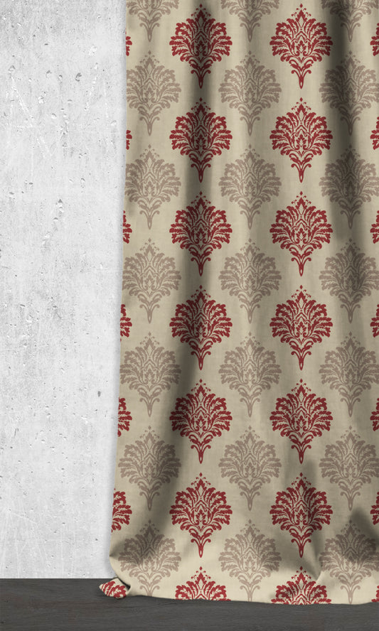 Damask Patterned Dimout Home Décor Fabric By the Metre (Red/ Stone Grey)