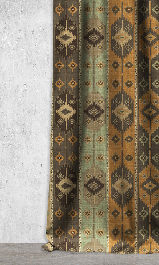 Kilim Print Home Décor Fabric By the Metre (Green/ Charcoal/ Gold)