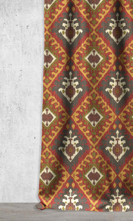 Ikat Custom Home Décor Fabric Sample (Mustard Yellow/ Red/ Green/ Grey)