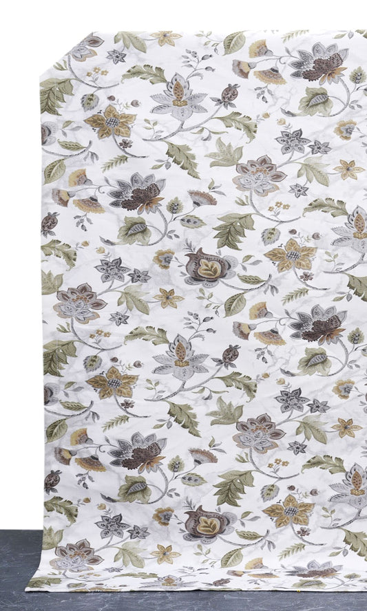 Floral Cotton Drapes (White/ Grey/ Green)