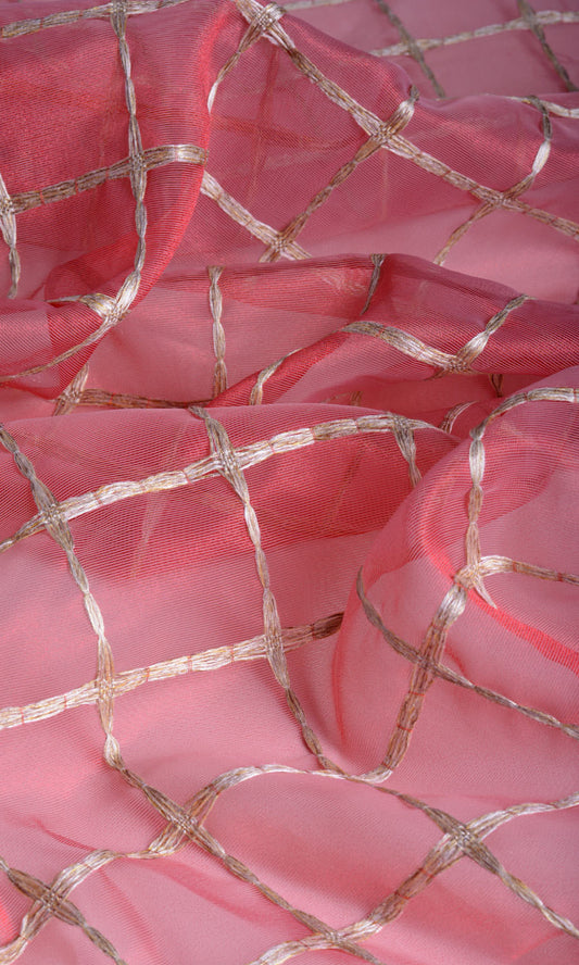 Embroidered Check Sheer Home Décor Fabric Sample (Coral Red/ Pink/ Gold)