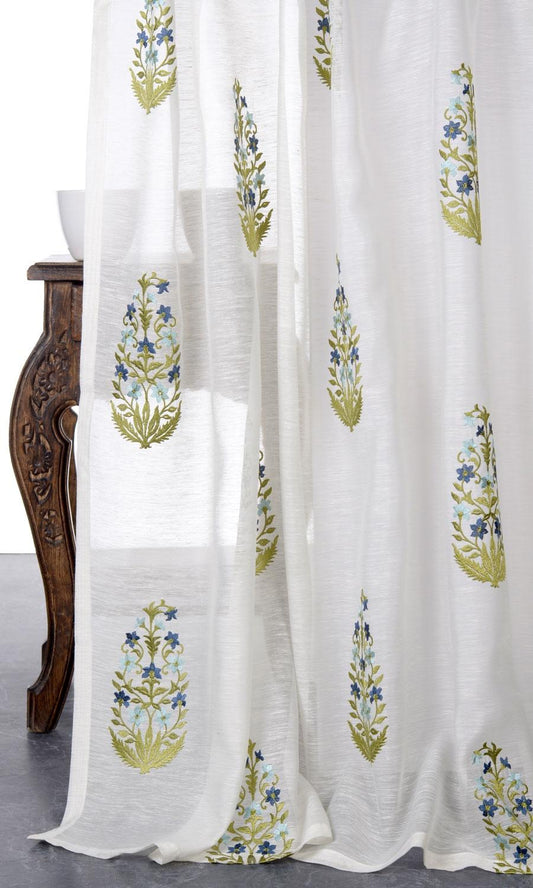 Sheer Floral Paisley Drapes (White/ Green/ Blue)