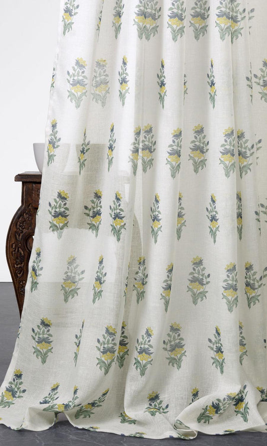 Sheer Floral Drapery (White/ Green/ Yellow)