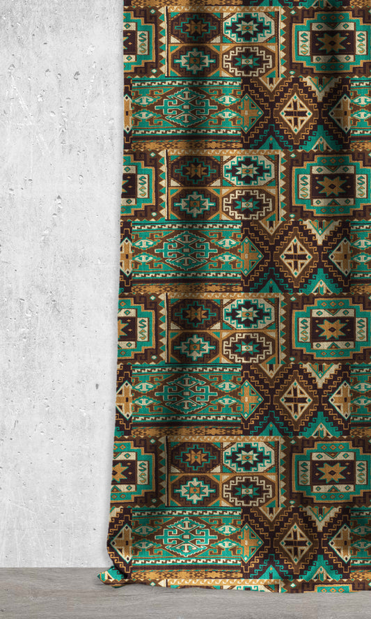 Custom Kilim Curtains (Turquoise/ Tawny Brown)