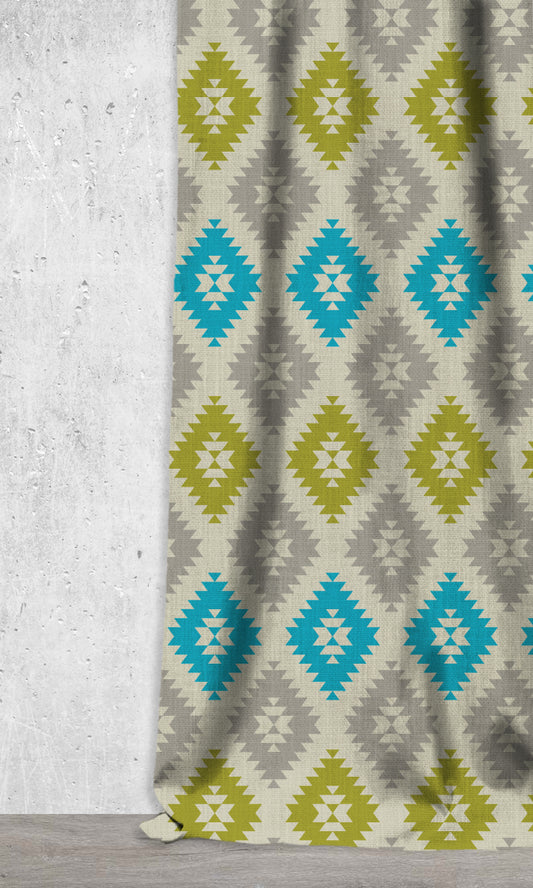 Geometric Print Curtains (Blue/ Green/ Grey)