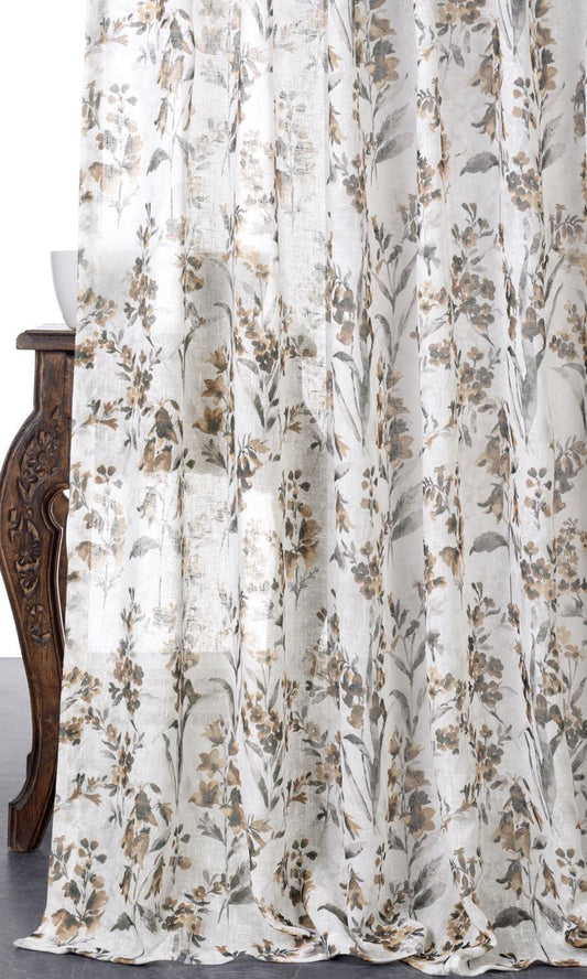 Sheer Floral Print Window Drapes (Beige/ Brown)