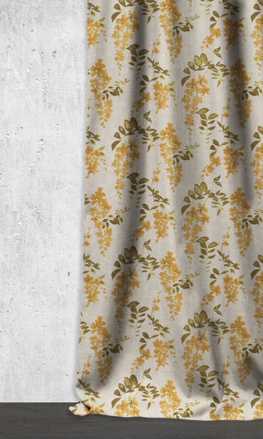 Dimout Floral Home Décor Fabric By the Metre (Honey Yellow/ Grey)