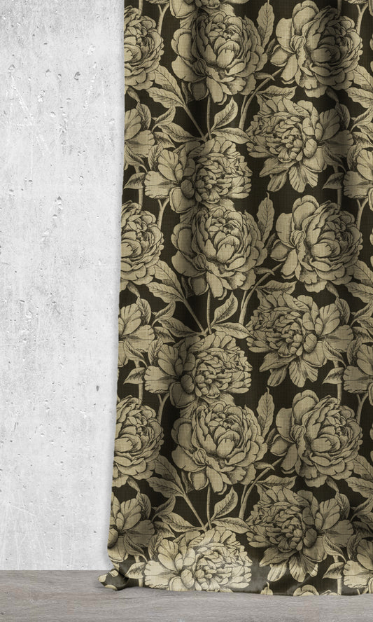 Floral Print Curtains/ Drapes (Black/ Khaki Brown)