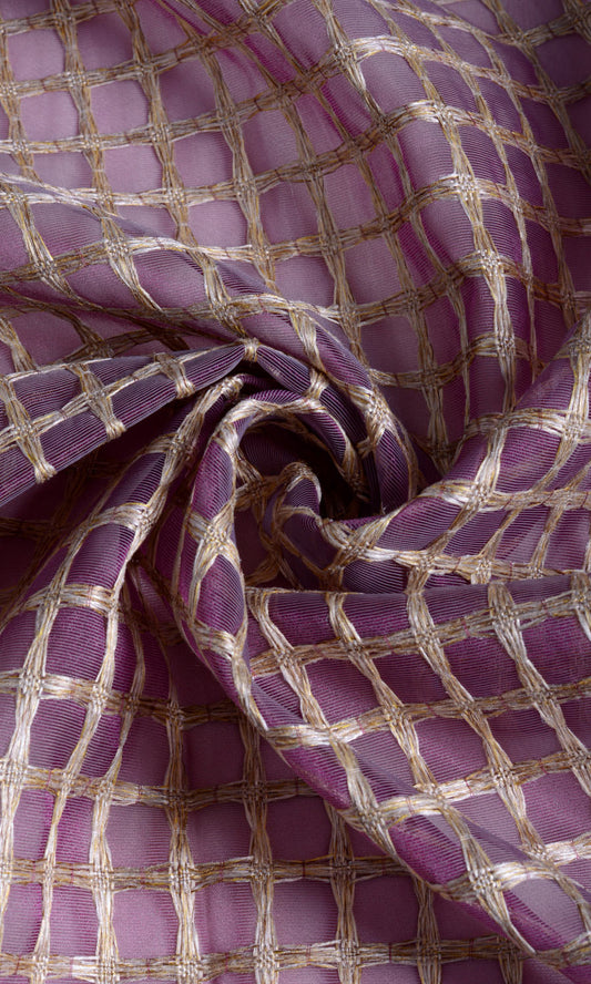 Embroidered Check Sheer Home Décor Fabric Sample (Purple and Gold)