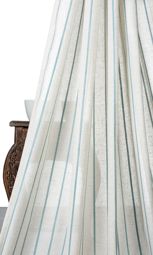 Striped Sheer Linen Blend Home Décor Fabric By the Metre (White/ Turquoise Blue)