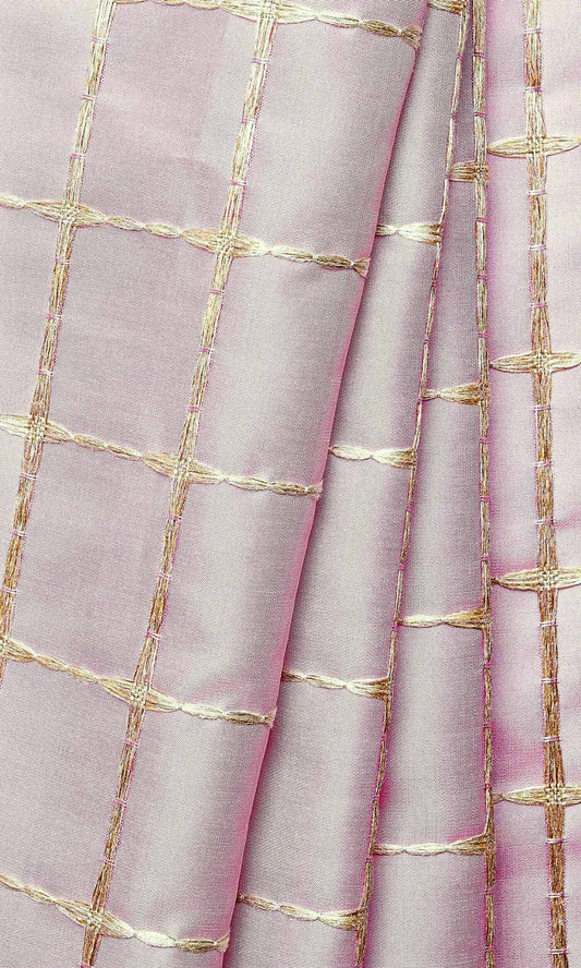 Embroidered Check Curtains (Pink and Gold)