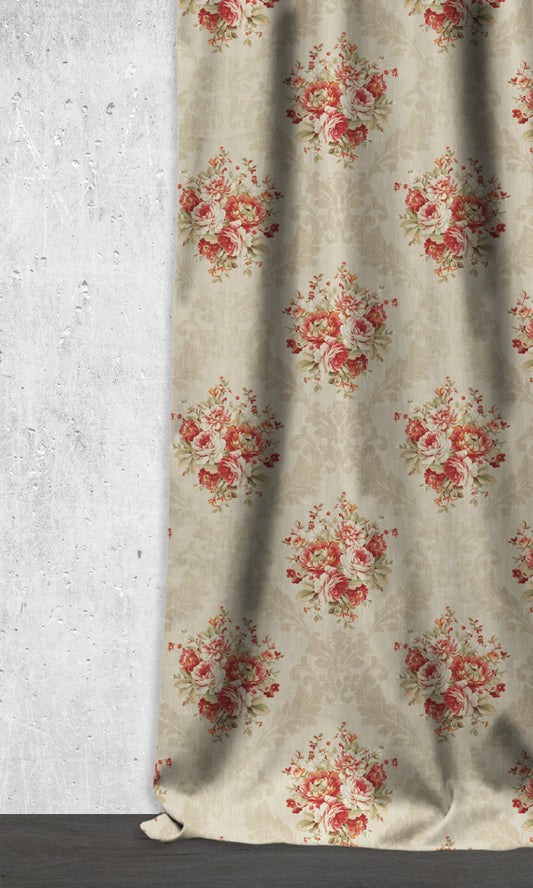 Dimout Floral Home Décor Fabric By the Metre (Red/ Pale Beige)