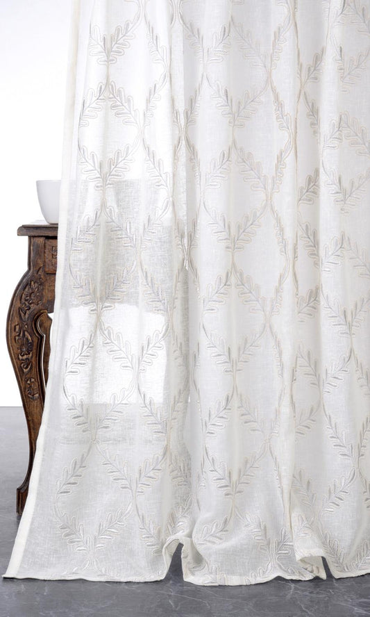 Sheer Floral Embroidered Home Décor Fabric By the Metre (White/ Cream)